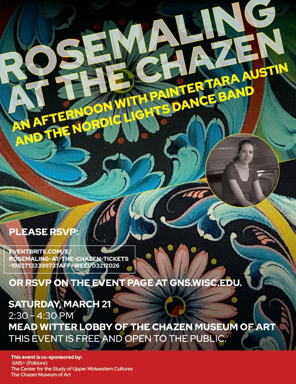UWMadGNS's tweet photo. Join Tara Austin, UW-Madison's Folk-Artist-in-Residence, for a live rosemaling demonstration accompanied by Nordic American old-time music from the Nordic Lights Dance Band! 

Please RSVP ahead of time: https://t.co/Dz0gjgWsAm

More information can be found on the GNS+ website! https://t.co/KiZ0rQUVQN
