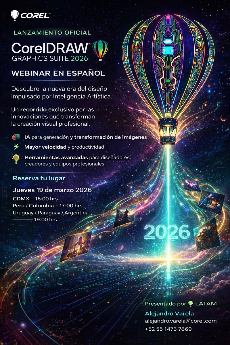 CorelMexico's tweet photo. Regístrese y sea parte del lanzamiento oficial en español de CorelDRAW Graphics Suite 2026 para Latam.
Jueves 19 de marzo 2026
16:00 | CDMX
17:00 | Perú, Colombia
19:00 | Paraguay, Uruguay y Argentina

https://t.co/HKY1KkStnX

#diseño #impresion #ia #coreldraw https://t.co/ybhWrRUqvN