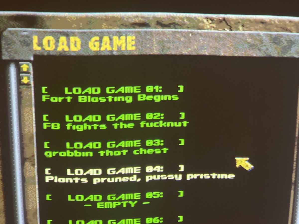 Taking a moment to appreciate my Fallout 2 save names (FB stands for fart blaster fyi)
