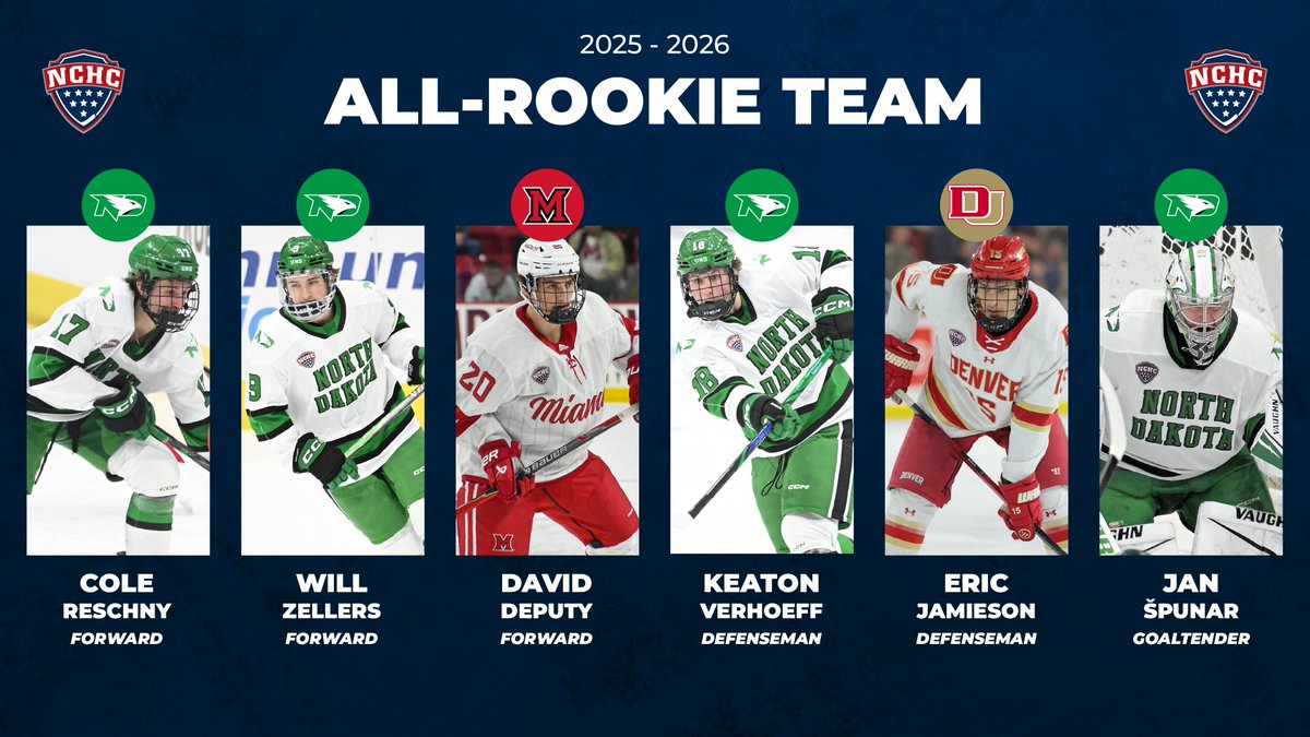TheNCHC's tweet photo. Freshman phenoms in #theNational 🌟

Congrats to our 2025-26 NCHC All-Rookie Team!

📰: https://t.co/r84u3p5SQs