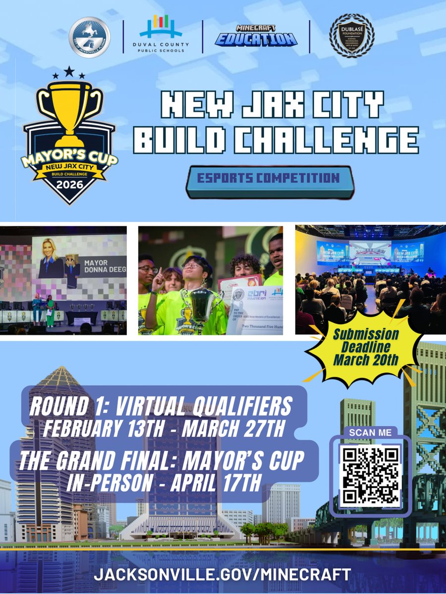 CityofJax's tweet photo. The New Jax City Minecraft Build Challenge is back 🏙️ Open to all students from elementary, middle, high school, and college levels within Duval County, this challenge invites them to reimagine Jacksonville’s public spaces &amp; communities.

Complete details: https://t.co/WtUw8knT6N https://t.co/su6PfUhPx3