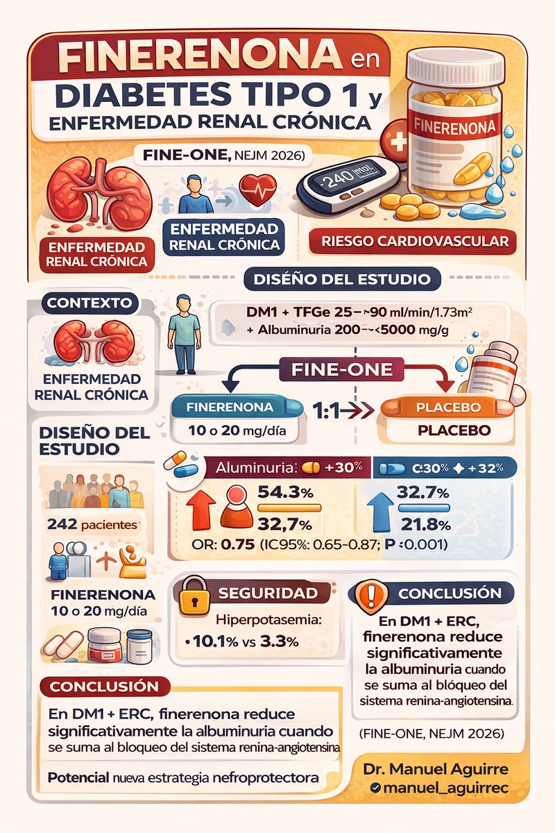 Finerenona en DM1 y enfermedad renal crónica — Estudio FINE-ONE (NEJM 2026) 🫘🫀

➖La enfermedad renal crónica (ERC) es una de las complicaciones más frecuentes de la diabetes tipo 1 (DM1) y aumenta significativamente el riesgo cardiovascular.
Hasta ahora, el tratamiento se basa