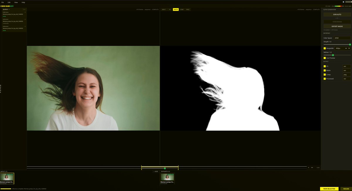 edenaion's tweet photo. I spent 3 days heads down building the initial GUI for Niko Pueringer &amp; @CorridorDigital's amazing Green Screen Keyer CLI. 

https://t.co/6nOfvitKtP

What started last Sunday as a 24GB VRAM requirement is now dropping to <8GB of VRAM thanks to a vibrant Discord community. So rad. https://t.co/P2mPLpIszH