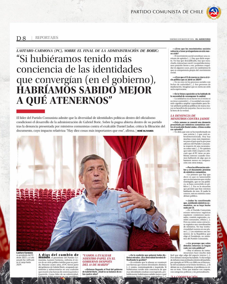 LautaroCarmona's tweet photo. En entrevista con el cuerpo de Reportajes de El Mercurio conversamos sobre la administración del presidente Gabriel Boric, la política interna del Partido Comunista, la posición frente a un futuro gobierno y el proyecto del cable submarino chino. https://t.co/WIprd4Xks7