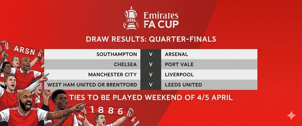 Arsenal_Panama's tweet photo. Habemus rival en cuartos de la #FACup! 🏆
Visitamos St Mary’s para enfrentar al Southampton.
Evitamos cruces pesados (City vs Liverpool) y el camino a Wembley se aclara.
📍 Southampton (V)
🗓️ 4/5 de abril
¡Momento de dar el paso a semifinales! ¿Cómo ven el cruce, Gunners? 🔴⚪️ https://t.co/XysE11lwSY
