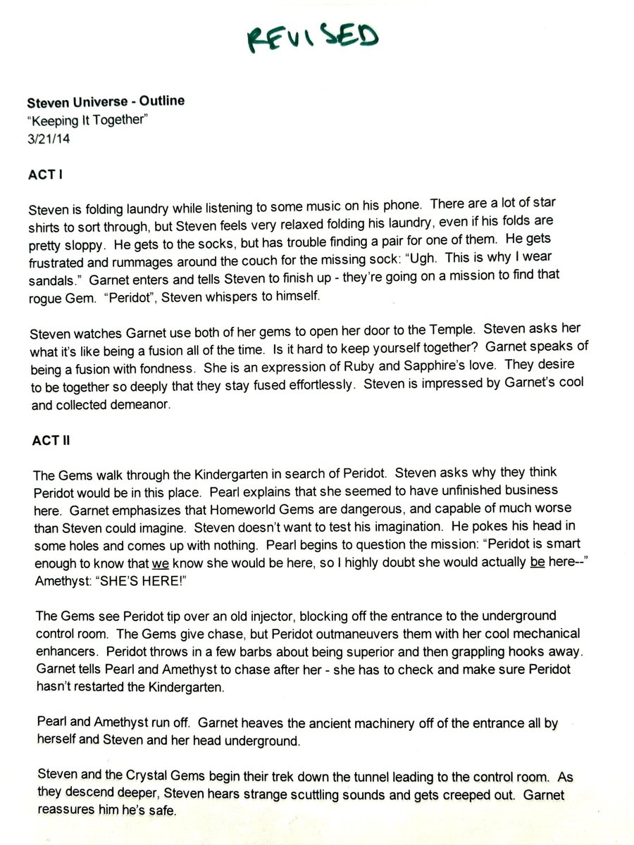 Raveneesimo's tweet photo. This is my copy of the outline for "Keeping It Together" from Steven Universe. This is what we usually receive before going on to write an episode.
#su #stevenuniverse #larsofthestars #keepingittogether #cartoonnetwork https://t.co/ldZmAAmJk0