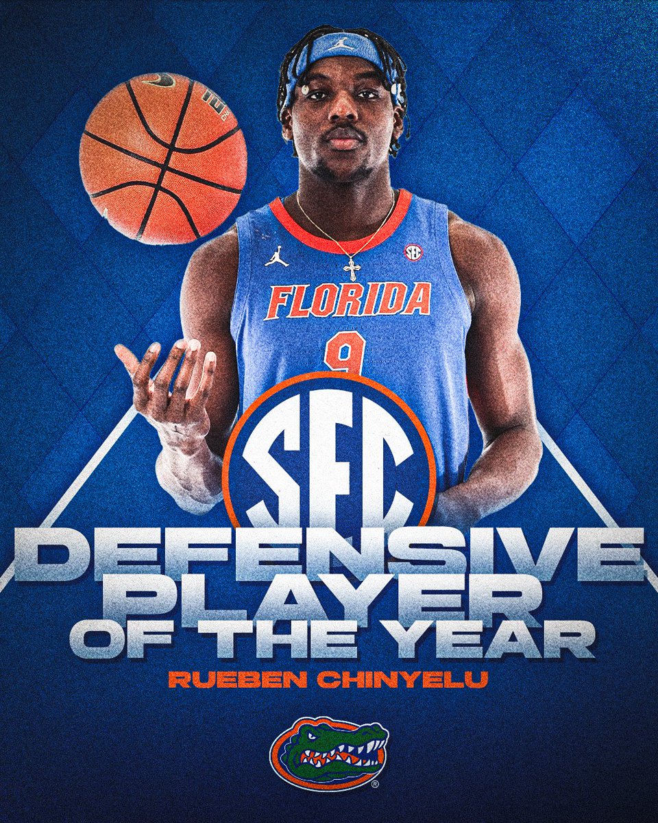 SEC's tweet photo. 🏀 2026 #SECMBB Defensive Player of the Year

🐊 Rueben Chinyelu, @GatorsMBK

https://t.co/tq6EzGAClS | #ItJustMeansMore https://t.co/CSyiPvXOEz