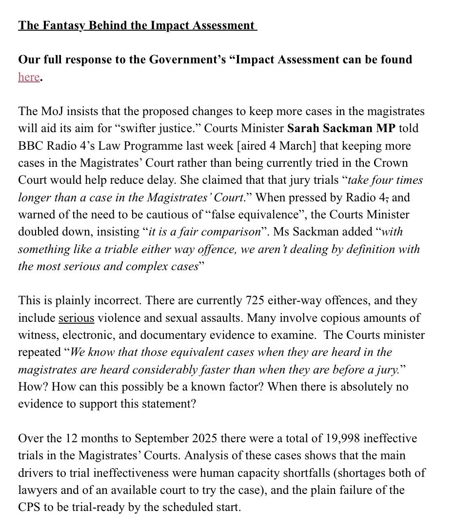 TheCriminalBar's tweet photo. Government’s reforms will capsize an already swamped Magistrates Courts. “Swift Courts”? “Pure fantasy” says Chair Riel Karmy-Jones KC. Here’s why: 

This Government doubled Magistrates’ maximum sentencing powers to 12 months in November 2024. @DavidLammy and @sarahsackman Sackman will tell MPs that doubling again those powers to 24 months, is a realistic plan for “faster” trials. 

Here’s why delays exist today but will WORSEN if Government pushes a tsnunami of cases to Magistrates without heeding its own Ministry of Justice UK figures. 

Over 12 months to September 2025 there were 19,998 ineffective trials in the Magistrates’ Courts. The main drivers to trial ineffectiveness were human capacity shortfalls (shortages of lawyers,
Magistrates and of an available court to try the case), and the plain failure of the CPS to be trial-ready by the scheduled start. 

Among the ineffective Magistrates’ Court trials, recorded reasons for cancellation included:

315 because prosecution failed to produce unused evidence
1,236 because prosecution was not ready
2,141 because another case overran
4,267 because of over-listing (insufficient cases drop out/floater/backer not reached)
880 because defendant not produced by prisoner escort custody services 
740 because there was no interpreter
172 because of court “accommodation” (cells to courtrooms) or equipment failures
136 because no magistrate available 
650 because of lack of available advocates (227 prosecution, 423 defence)

Read below what our Chair has to say.