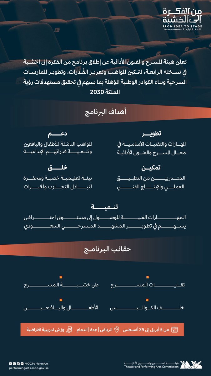 تعلن #هيئة_المسرح_والفنون_الأدائية عن إطلاق برنامج #من_الفكرة_إلى_الخشبة في نسخته الرابعة؛ لتنمية المهارات وتمكين المواهب المحليّة.

سجل الآن
engage.moc.gov.sa/skills_enhancm…