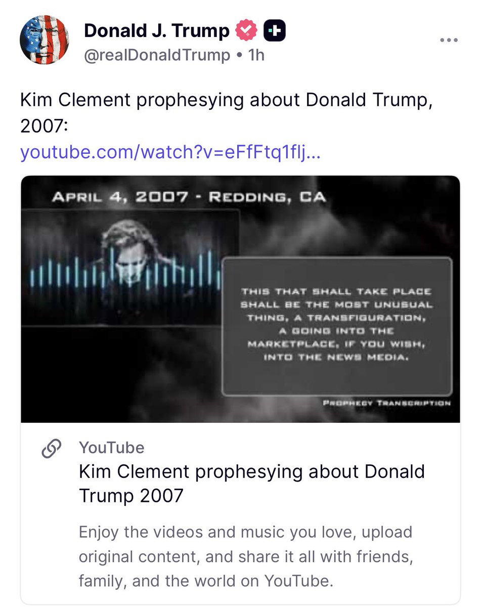 BuildTheKingdom's tweet photo. Trump posting Kim Clement 🔥🙏🏻🔥

If you don’t know Kim Clement, it’s worth your time to research him 🎺 

Q Drop 4465
Biblical Times
Q https://t.co/Xg6HuICwf2