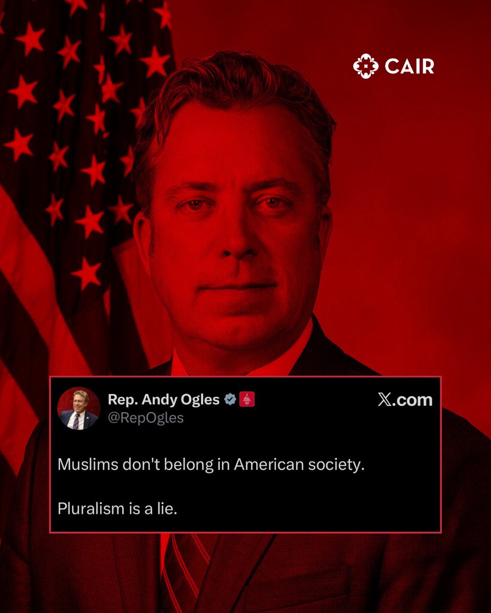 CAIRNational's tweet photo. Today we designated Rep. Andy Ogles an anti-Muslim extremist after his un-American fascist call to eliminate all Muslims from the United States.

The First Amendment guarantees religious freedom to everyone in our nation, including American Muslims. If any member of Congress had declared that ‘Jews do not belong in America,’ that politician would rightfully face condemnation and censure.

Yet like Randy Fine and other anti-Muslim extremists in Congress, Mr. Ogles has faced no consequences for his dangerous rhetoric, even as American Muslim elected officials experience censure motions, threats and harassment for daring to criticize Israel’s genocide in Gaza. The double standards and hypocrisy must end. 

Learn more: https://t.co/BFVs1VTunF