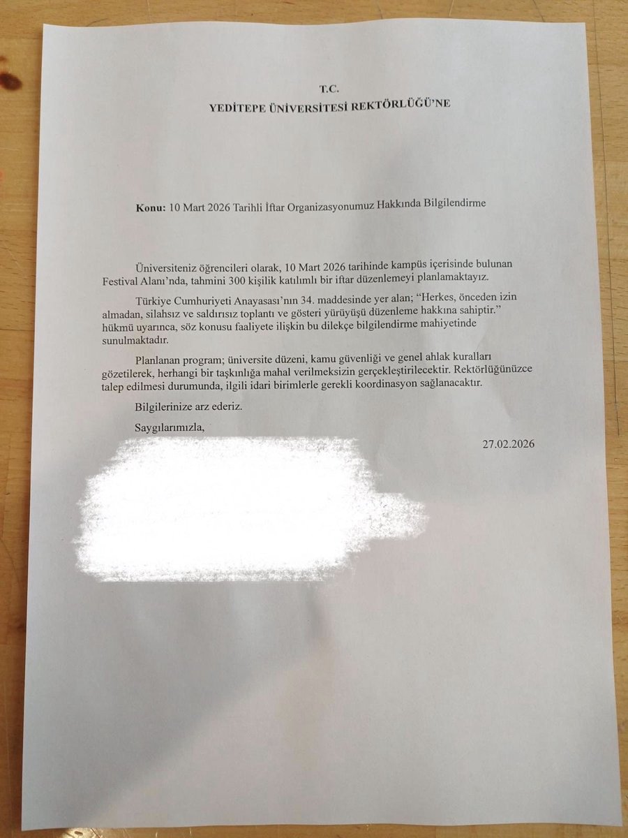 Paylaşıp / Duyuralım ⚠️

Yeditepe Üniversitesi'nde Müslüman öğrencilere yönelik baskı devam ediyor!

-Namaz kılan öğrencilere hala
bir mescit tahsis edilmedi 
-Öğrencilerin kendi arasında yapmış oldukları ders sebebi ile haklarında soruşturma açıldı
-Planlanan İftar programı son