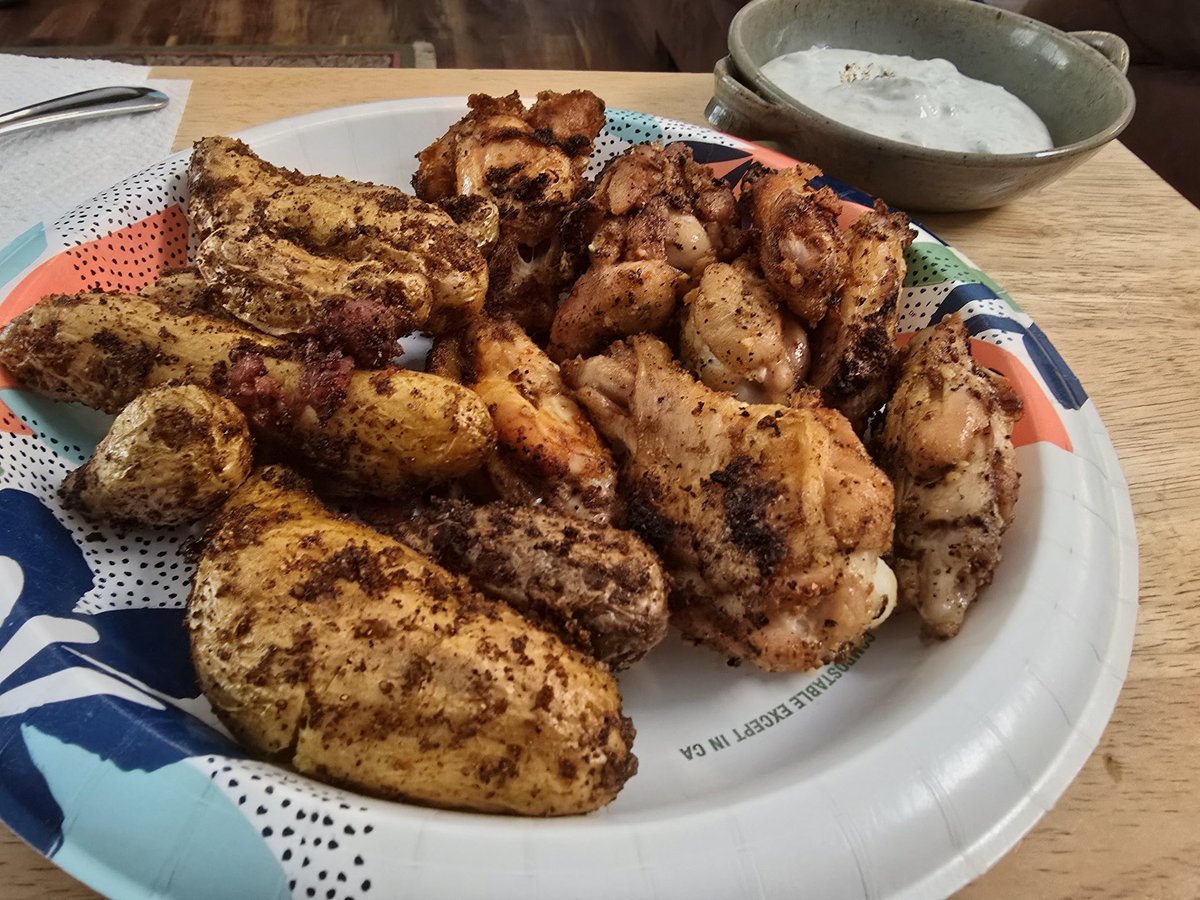 Lunch today, dry rubbed grilled wings, with pan roasted fingerling potatoes and a side of homemade blue cheese dressing.