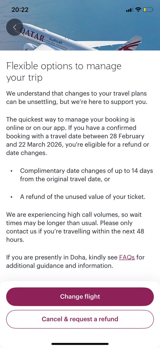 MargoVanhee's tweet photo. @vvm_mj @qatarairways Check the app, they’ve extended the refund dates (till 22 March) https://t.co/IcgFuA9ryl