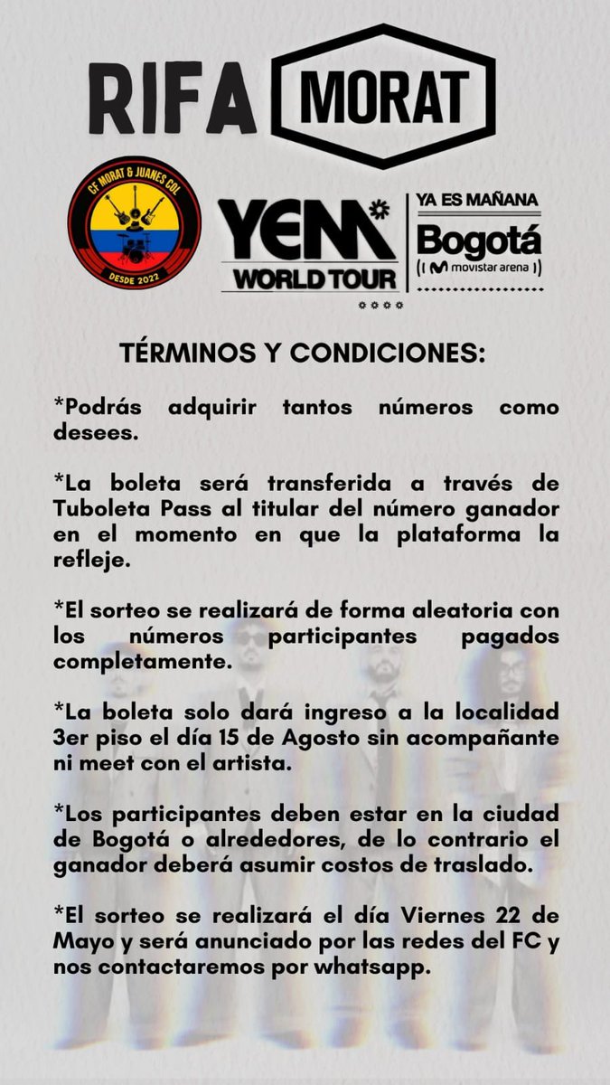 !Atención! 📢
De parte del F.C los queremos invitar a participar en nuestra rifa por una boleta para ir a ver a Morat el 15 de Agosto en el Movistar Arena en la localidad de 3er piso, el ganador se elegirá el día 22 de Mayo.