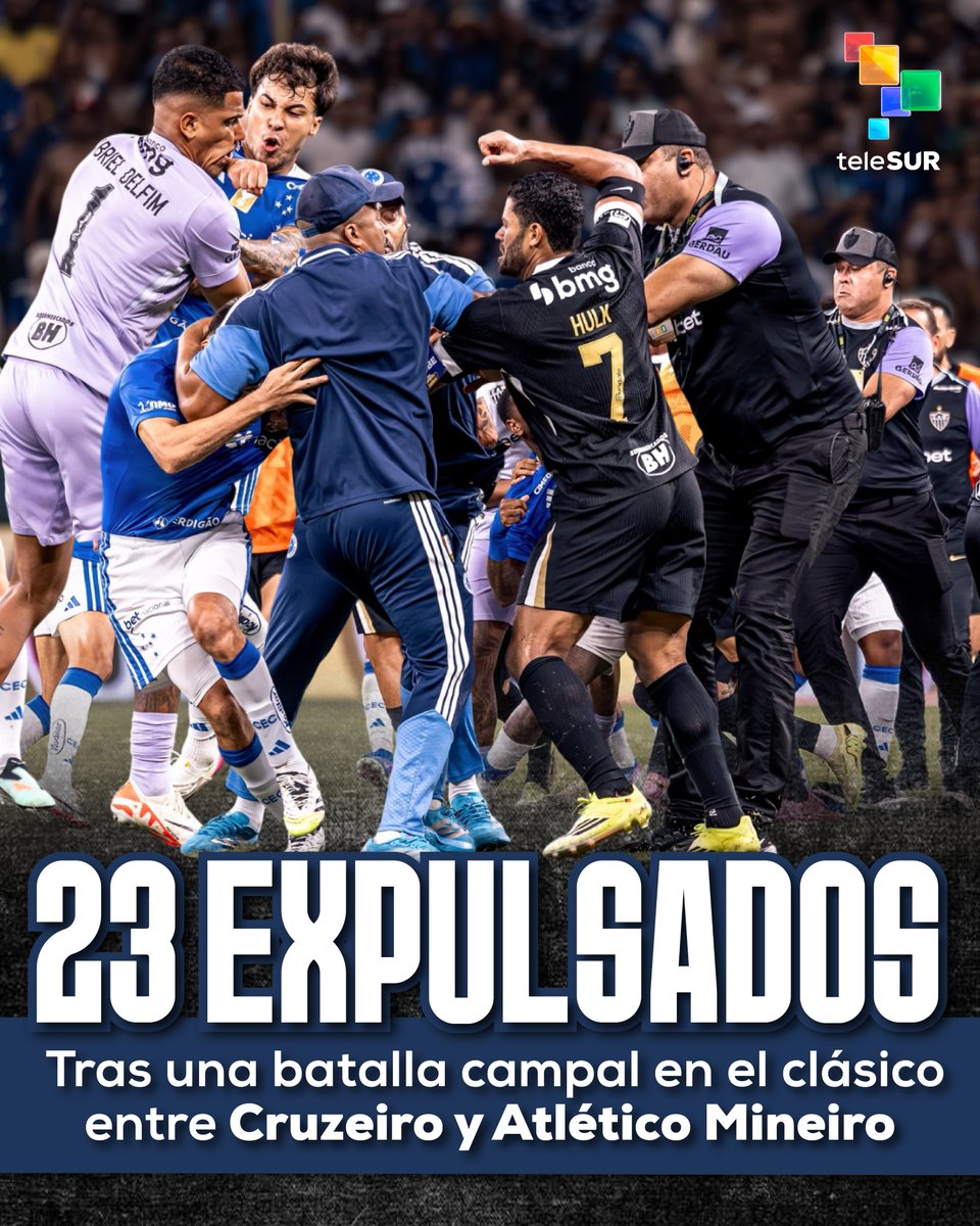 😱¡La final del Campeonato Mineiro terminó en un verdadero escándalo!

😳 Los jugadores de Cruzeiro y Atlético Mineiro se agarraron a las trompadas en el campo de juego y se fueron expulsados ¡23 jugadores! por la tangana, un récord en el fútbol brasileño.⚽🏆
