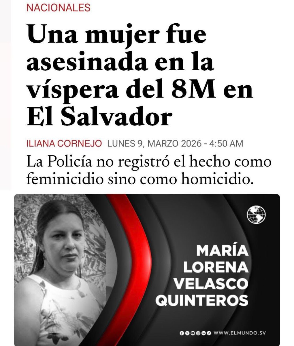 PolitologaES's tweet photo. El sábado encontraron el cuerpo de María Lorena Velasco Quinteros con indicios de violación y señales de violencia, la dejaron cubierta con hojas de huerta, en un cafetal cerca de su casa. 

👉 Ella tenía 39 años y habia salido a trabajar el viernes 7 de marzo, pero ya no volvió. Diariamente conducía del cantón San Juan Buena Vista, en El Congo, hacia Santa Ana.

✝️ El pasado 6 de marzo, otra mujer fue encontrada muerta luego de haber sido reportada como desaparecida el 1 de marzo al salir de su casa en San Antonio Abad, cuando salió hacia Ciudad Arce La Libertad. Según Desaparecidos El Salvador, la mujer fue identificada como Eloydina Cruz Maldonado de 56 años. 

Ni el 1 ni el 6 de marzo, la Policía reportó el hallazgo de su cuerpo.

#8M #NiUnaMenos 
#CorrupciónCyan #BukeleDictador

📍 https://t.co/N2aKSnvz6g