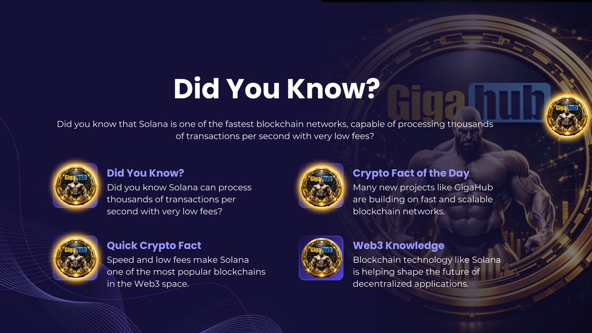 Did you know? 🤔
Solana is one of the fastest blockchains, capable of processing thousands of transactions per second with very low fees. This powerful technology supports innovative projects like GigaHub, helping build the future of Web3. 🚀

#DidYouKnow #Solana #GigaHub