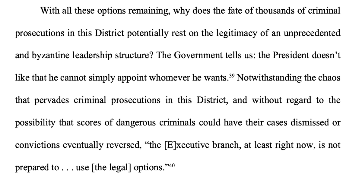 Brann says the administration's refusal to use some of the undisputedly legal ways to staff the NJ office could result in "scores of dangerous criminals" having their cases dismissed, but that it comes down to Trump simply not wanting to be countermanded.

storage.courtlistener.com/recap/gov.usco…