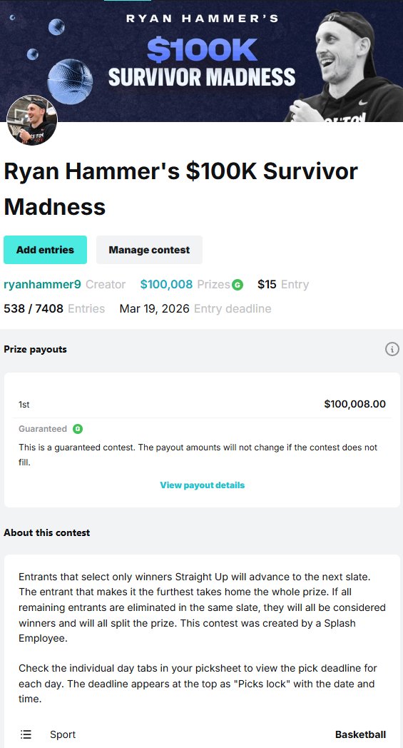 ryanhammer09's tweet photo. FREE Bracket Contest (@YahooSports)
+ PAID Survivor Contest (@splashsports)

for everyone to join for the tourney!!!!

Bracket top 5 get prizes ($500 GameTime credit, team merch, etc.)

Survivor Contest is a $100K prize pot.
(Pick 1 team to win everyday, cant re-use teams) https://t.co/nS6fyoO3Qa