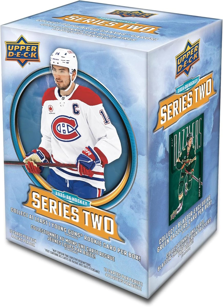 CardPurchaser's tweet photo. 2025-26 Upper Deck Series 2 Hockey Blaster Box $24.99 sold by Amazon #ad 

https://t.co/9odgB2gbTH https://t.co/pB9CwX7oK2