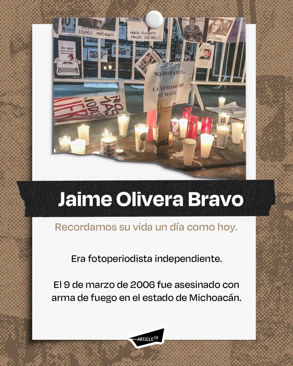 📸 Hoy recordamos a Jaime Olivera Bravo, fotoperiodista en #Michoacán, asesinado el 9 de marzo de 2006.

🕯️ A dos décadas de este crimen, seguimos exigiendo justicia por Jaime.