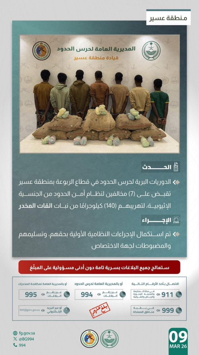 القبض على 7 إثيوبيين في عسير ضمن حملات ضبط المخالفات