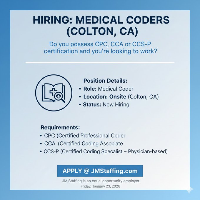 JMStaffing's tweet photo. These positions are also available in San Bernardino and Rancho Cucamonga... #CorrectionalHealthcare #InpatientCoding #OutpatientCoding #JMStaffing #JMMediStat #CPC #CCS https://t.co/XsvNaWowYZ