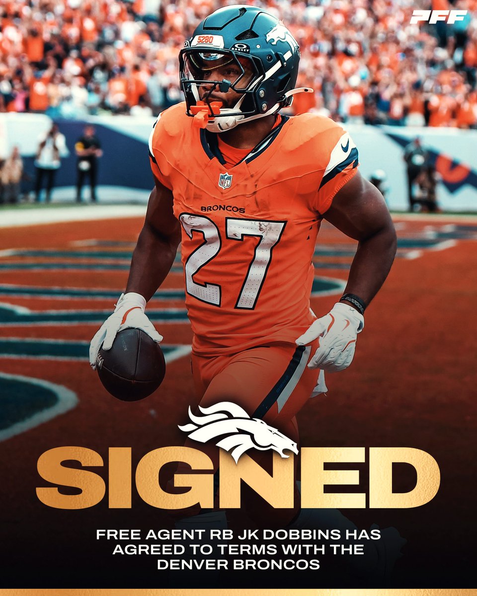The Broncos are re-signing RB JK Dobbins, per <a href="/Schultz_Report/">Jordan Schultz</a> 

Before going down with an injury, Dobbins ranked:

- 4th in explosive runs (21)
- 7th in missed tackles forced on runs (32)
- 8th in rushing grade (80.8)