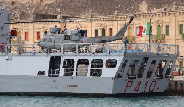 Shipguru's tweet photo. #marinamilitareitaliana #agustabell212asw with #serialMM81089 #coded7_44 #embarked #aboard #ITS_ORIONE P 410 whilst #berthed at #grandharbourmalta - 08.03.2026 - https://t.co/nfgboxc3g3 - NO PHOTOS can be used or manipulated without our permission @ItalyinMalta @key2med @Gibdan1 https://t.co/Owtv9iuWee