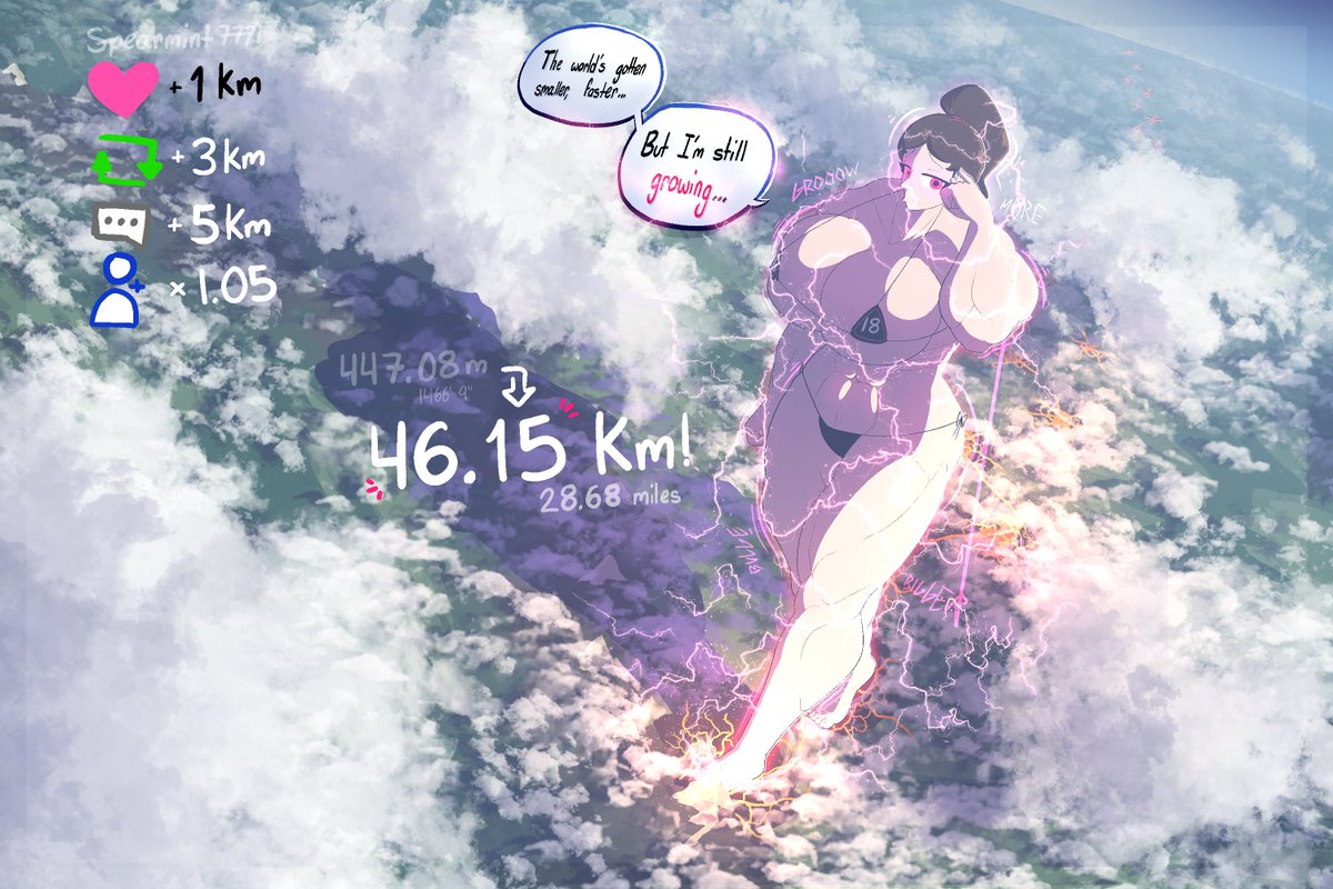 spearmint7771's tweet photo. [Emma's Growth Drive 3/10]
She's still growing so, so fast! Already reaching the stratosphere, Emma needs to start taking her steps much more lightly, lest she risks molten cracks and earthquakes, worsened by tripping on a mountain range!

#sizetwitter #MacroMarch #GiantessGrowth https://t.co/HdYoKE47rJ