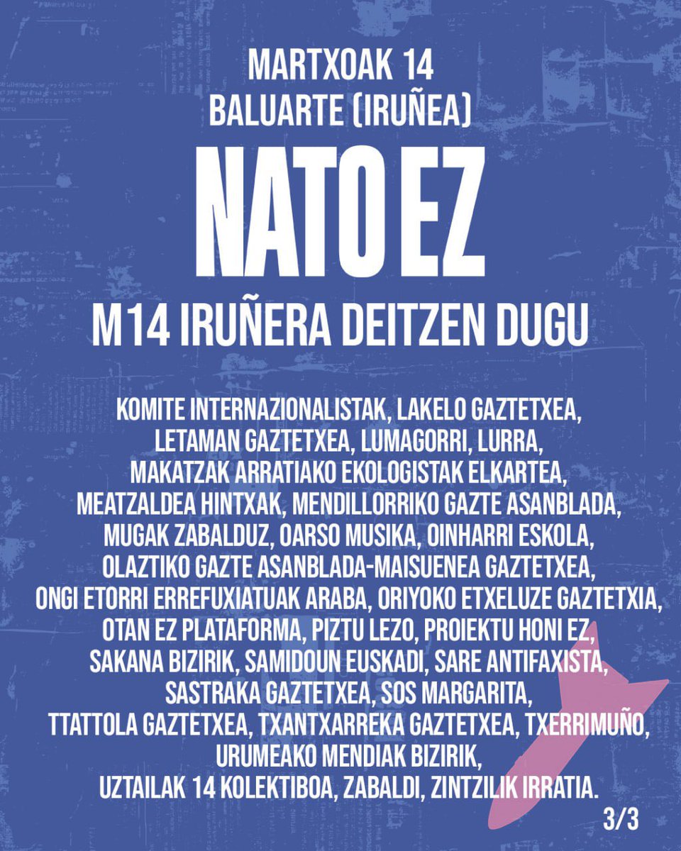 EHEbizi's tweet photo. EHEk bat egiten du Natoren aurka eta Euskal Herri internazionalista eta antiinperialistaren alde larunbaterako deitutako manifestazioarekin.

Inperialismoak berarekin dakar suntsiketa eta homogeneizazioa. Aurre  egiteko gure tresna indartsuena Euskal Herri aske eta euskalduna da! https://t.co/WC1P2AlH0x