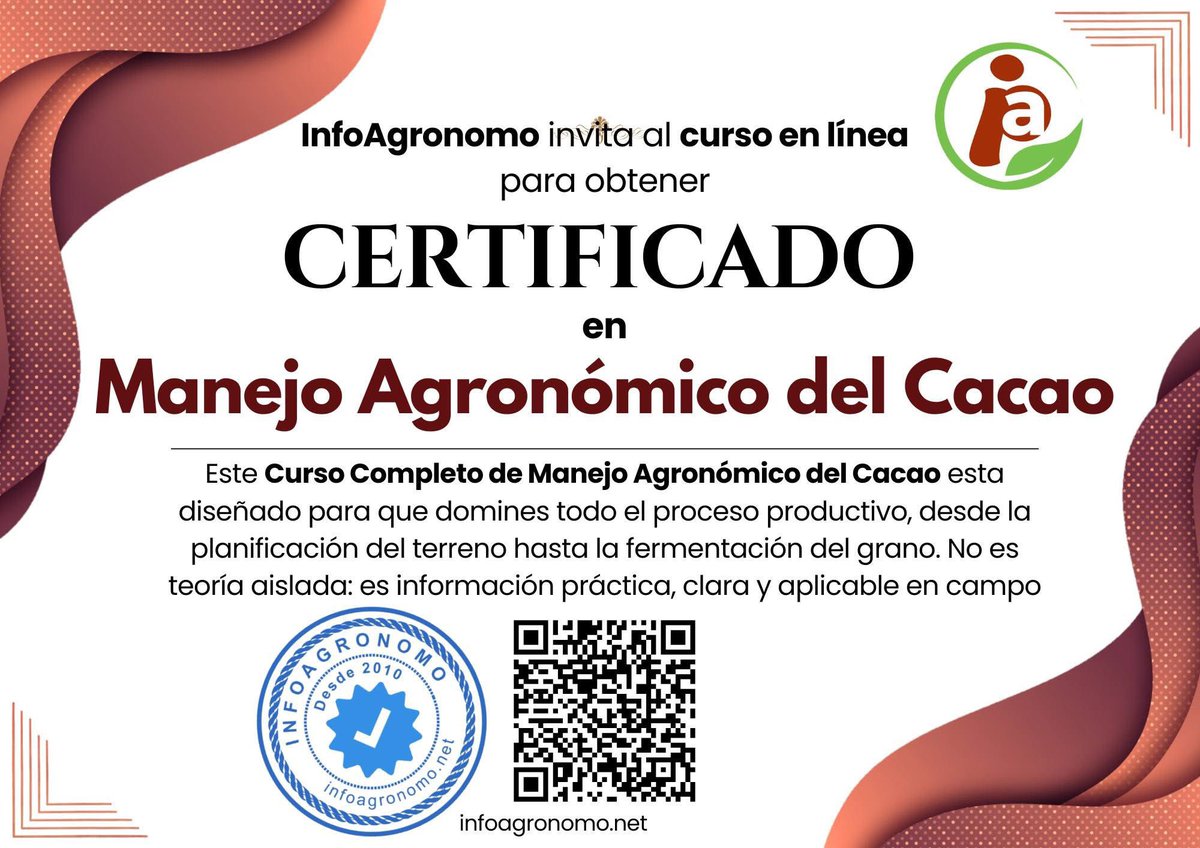InfoAgronomo's tweet photo. Certificado en 𝗠𝗮𝗻𝗲𝗷𝗼 𝗔𝗴𝗿𝗼𝗻𝗼́𝗺𝗶𝗰𝗼 𝗱𝗲𝗹 𝗖𝗮𝗰𝗮𝗼 | Curso en línea.

Este Curso Completo de Manejo Agronómico del Cacao fue diseñado para que domines todo el proceso productivo, desde la planificación del terreno hasta la fermentación del grano. No es teoría aislada: es información práctica, clara y aplicable en campo.

𝗧𝗲𝗺𝗮𝘀:
𝗙𝘂𝗻𝗱𝗮𝗺𝗲𝗻𝘁𝗼𝘀 𝗱𝗲𝗹 𝗖𝘂𝗹𝘁𝗶𝘃𝗼 𝗱𝗲𝗹 𝗖𝗮𝗰𝗮𝗼
- Zonas de cultivo y características climáticas del cacao.
- Variedades de cacao y sus características agronómicas.
- Suelo adecuado para el cacao: análisis y preparación.

𝗣𝗿𝗼𝗽𝗮𝗴𝗮𝗰𝗶𝗼́𝗻 𝘆 𝗣𝗹𝗮𝗻𝘁𝗮𝗰𝗶𝗼́𝗻 𝗱𝗲𝗹 𝗖𝗮𝗰𝗮𝗼
- Técnicas de propagación: injertos, semillas y viveros.
- Preparación de terreno y distancias de siembra.
- Sistemas agroforestales para el cacao (asociación con otros cultivos).

𝗠𝗮𝗻𝗲𝗷𝗼 𝗜𝗻𝘁𝗲𝗴𝗿𝗮𝗱𝗼 𝗱𝗲 𝗣𝗹𝗮𝗴𝗮𝘀 𝘆 𝗘𝗻𝗳𝗲𝗿𝗺𝗲𝗱𝗮𝗱𝗲𝘀
- Plagas comunes del cacao: control biológico y químico.
- Enfermedades más frecuentes (moniliasis, escoba de bruja) y su manejo.
- Técnicas de monitoreo y prevención de plagas.

𝗡𝘂𝘁𝗿𝗶𝗰𝗶𝗼́𝗻 𝘆 𝗙𝗲𝗿𝘁𝗶𝗹𝗶𝘇𝗮𝗰𝗶𝗼́𝗻 𝗱𝗲𝗹 𝗖𝗮𝗰𝗮𝗼
- Diagnóstico del estado nutricional del cultivo.
- Fertilización orgánica e inorgánica: tipos y tiempos de aplicación.
- Prácticas sostenibles para mejorar la fertilidad del suelo.

𝗣𝗼𝗱𝗮 𝘆 𝗠𝗮𝗻𝗲𝗷𝗼 𝗱𝗲 𝗹𝗮 𝗦𝗼𝗺𝗯𝗿𝗮 𝗲𝗻 𝗣𝗹𝗮𝗻𝘁𝗮𝗰𝗶𝗼𝗻𝗲𝘀 𝗱𝗲 𝗖𝗮𝗰𝗮𝗼
- Tipos de poda (formación, mantenimiento, rejuvenecimiento).
- Manejo de la sombra: importancia para la calidad y productividad.
- Sistemas agroforestales: equilibrio entre sombra y luz para el cacao.

𝗖𝗼𝘀𝗲𝗰𝗵𝗮 𝘆 𝗺𝗮𝗻𝗲𝗷𝗼 𝗽𝗼𝘀𝘁𝗰𝗼𝘀𝗲𝗰𝗵𝗮 𝗱𝗲𝗹 𝗰𝘂𝗹𝘁𝗶𝘃𝗼 𝗱𝗲 𝗰𝗮𝗰𝗮𝗼.
- Cosecha correcta del cacao
- Beneficiado del cacao
- Fermentación del cacao

𝗛𝗼𝗿𝗮𝗿𝗶𝗼: 5 a 8 pm, hora de CDMX. Se entrega Constancia o Certificado, presentación en PDF, Sesiones en vivo y link de videos para repetir.

Inscripción al WhatsApp: https://t.co/FJ6Cywdi6A