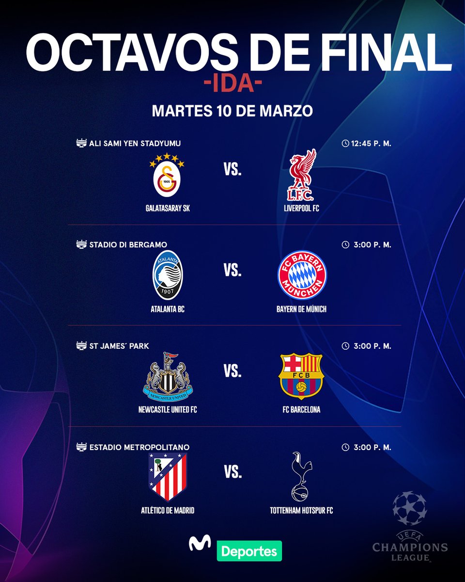 ¡𝐄𝐥 𝐜𝐚𝐦𝐢𝐧𝐨 𝐡𝐚𝐜𝐢𝐚 𝐥𝐚 𝐠𝐥𝐨𝐫𝐢𝐚 𝐜𝐨𝐧𝐭𝐢𝐧𝐮́𝐚!

Encabezado por el partidazo entre Atlético de Madrid y Tottenham, te presentamos el fixture de los encuentros de ida de los octavos de final que se disputan hoy en la UEFA Champions League. 🏆⚽

📲 Consulta aquí