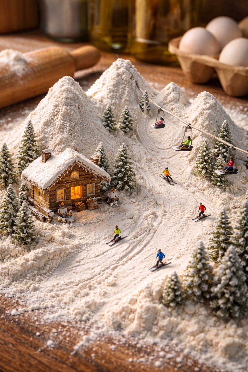 TusharD123's tweet image. The 'Spilled Flour'

What happens when you have a messy kitchen? You build a 5-star ski resort, obviously. 🎿❄️

I’m calling this one 'Mt. All-Purpose.'

#wintercare #ArtLife
