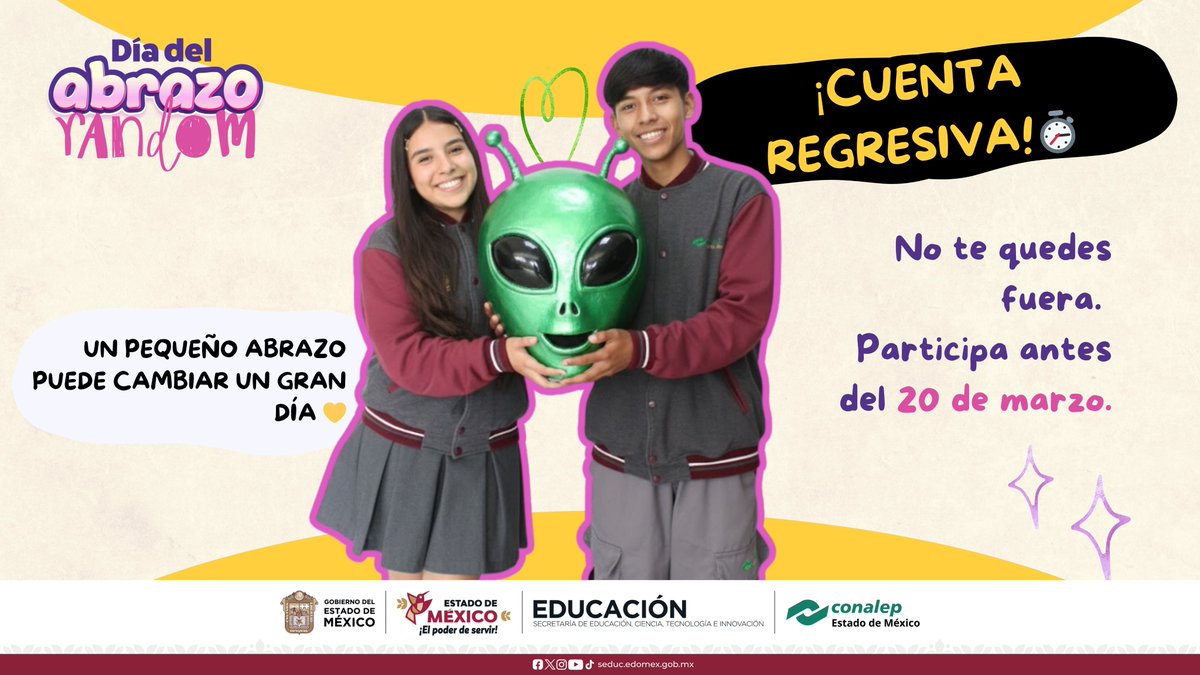 Conalep_Edomex's tweet photo. No lo dejes al final ⏳, tu #AbrazoRandom empieza hoy 🤗

Regístrate antes del 20 de marzo 👇🏽
https://t.co/5t1FpeB18Q

#ApasionadamenteCONALEP #OrgullosamenteCONALEP #ElPoderDeServir https://t.co/Qe9EtpgYgy