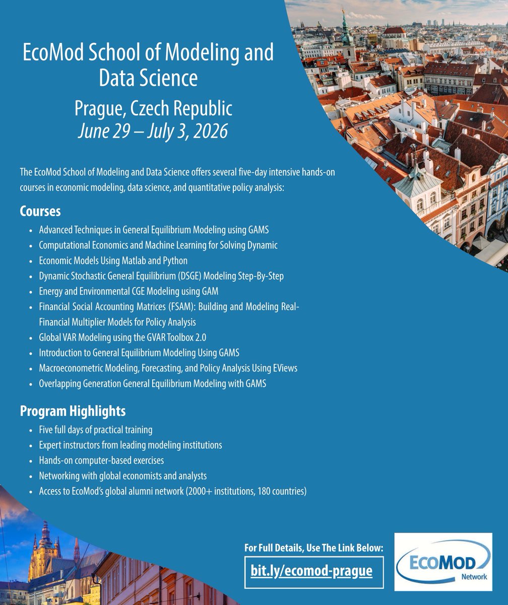 EcoMod School of Modeling and Data Science 2026 – Prague

📍 Location: Czech University of Life Sciences Prague, Czech Republic

Dates: June 29 – July 3, 2026

The EcoMod School of Modeling and Data Science is offering a series of five-day intensive, hands-on courses designed for