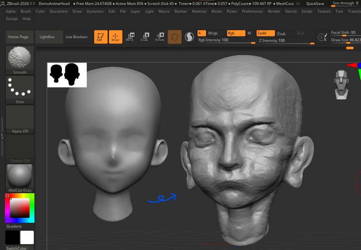 Vlangusy's tweet photo. let's get back on track, now with proper tools
@pavmike's videos help to wrap my head around #zbrush logic
last time the lack of a usual scene objects outliner from other 3d software made me anxious https://t.co/CuQShgPlH9