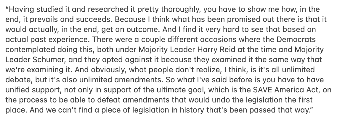 sahilkapur's tweet photo. Just now: THUNE weighs in on the "talking filibuster," saying leadership has thoroughly examined it (much as Democrats did when they were in charge) and he finds it "very hard to see" it working. "And we can't find a piece of legislation in history that's been passed that way." https://t.co/UOz7XNY14h