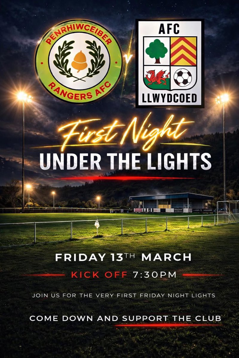 This Friday, Penrhiwceiber Rangers host their first ever Friday Night Lights fixture and it’s a big one… a local derby against AFC Llwydcoed.

📍 The Glasbrook 
🕢 Kick-off: 7:30pm
📅 Friday 13th March

Come down and get behind the lads 🐅