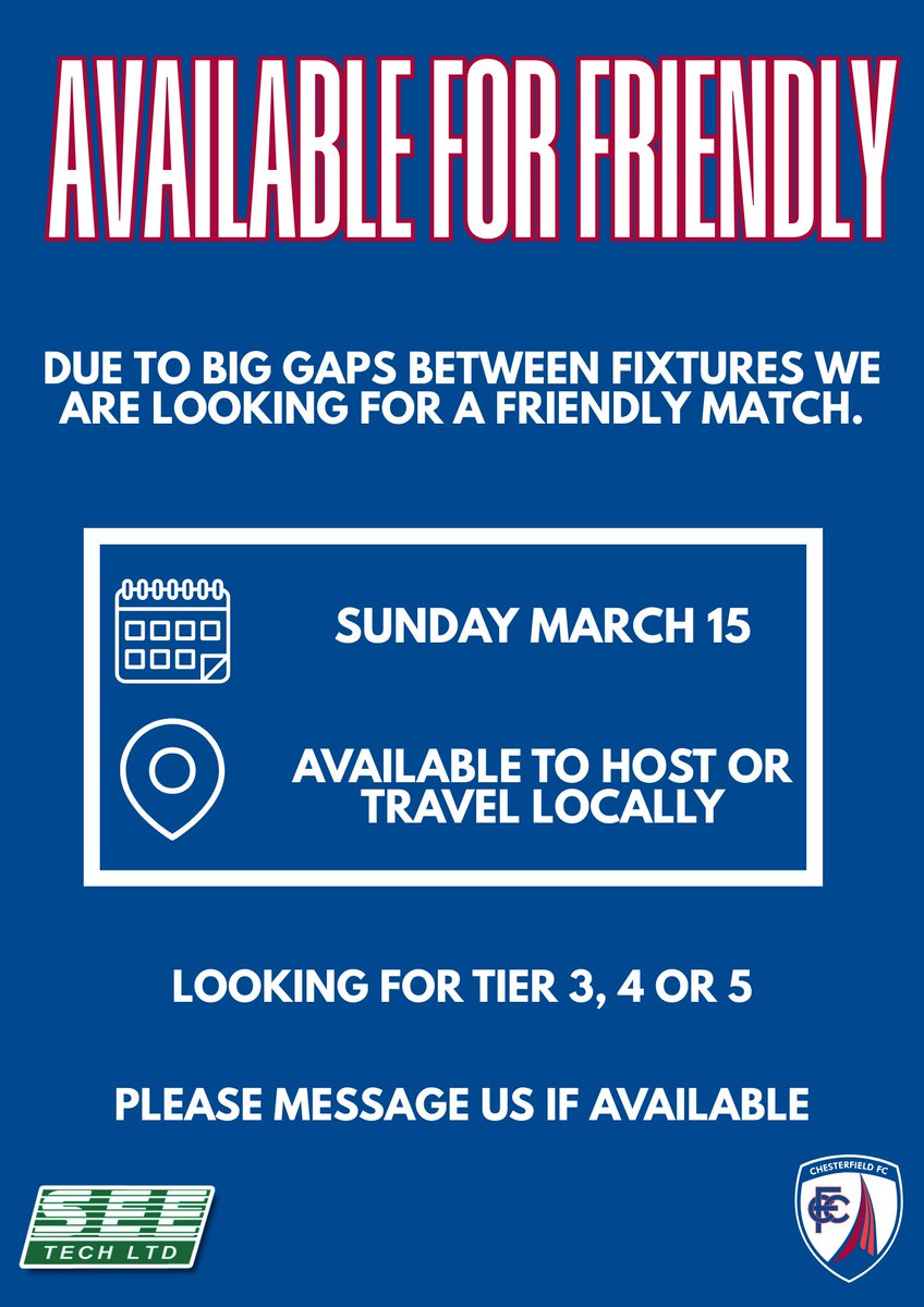 ChesterfieldFCW's tweet photo. ‼️⚽️Please Share - Friendly match needed this weekend!

Due to gaps in our fixtures, we are seeking a friendly match for this upcoming weekend.

Please get in touch or share!

@WoSo_Friendlies 

#CFCW https://t.co/lANwq9BCGa