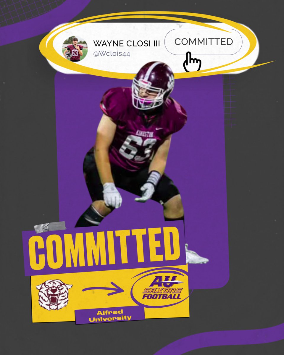 AUSaxonFootball's tweet photo. The Alfred University Football Program is excited to announce the next commitment of the 2026 class!

Wayne Closi III — Offensive Line — brings size, strength, and toughness to the trenches.

Welcome to the family Wayne💜💛

#SaxonFootball #RollSaxons #Committed #SaxonNation https://t.co/6rlBHM9KIT