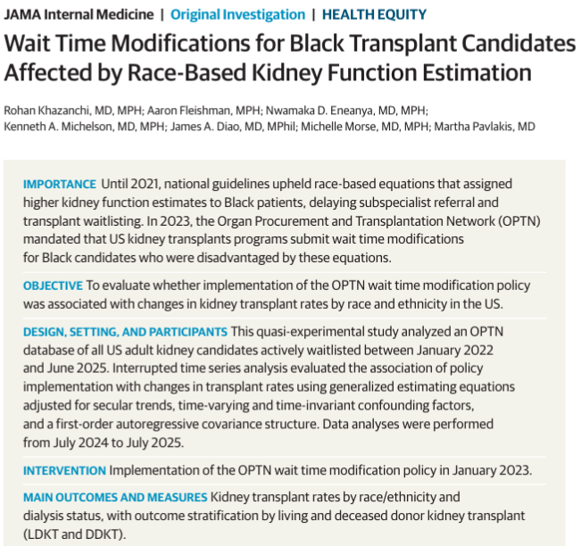 rohankhaz's tweet photo. 💡🏥 "Wait Time Modifications for Black Transplant Candidates Affected by Race-Based Kidney Function Estimation" | @JAMAInternalMed

Our new study quantifies impacts of an unprecedented @UNOSNews policy to remedy harms of a race-based clinical algorithm.
https://t.co/1SGbQ1EVgv https://t.co/8jHbYjKCZJ