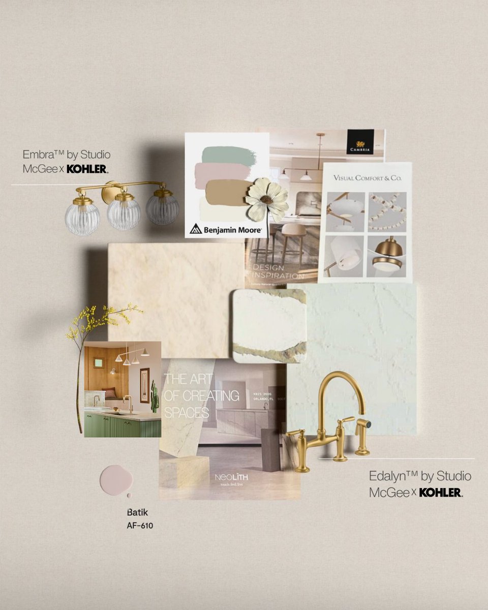 SJJanis's tweet photo. A spring palette inspired by @kbis_official . 🌿

The Benjamin Moore 2026 color trends lean light, airy, and earthy. Beautifully paired with materials like Taj Mahal by Neolith, the Icon Collection by Caesarstone, &amp; the Frank Lloyd Wright Kitchen Collection by Brizo.
#KBIS2026 https://t.co/qXBAJUk4SA