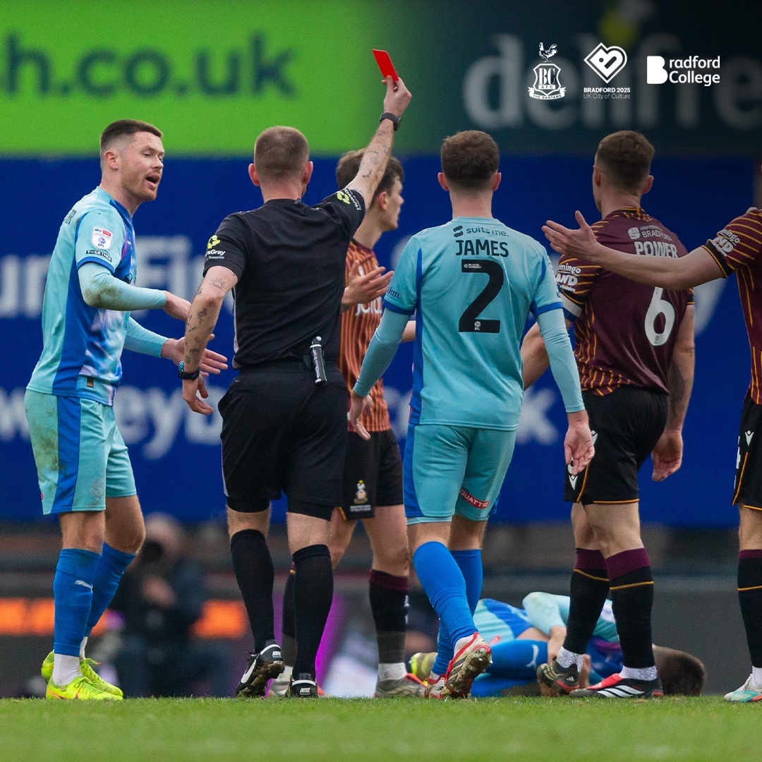 officialbantams's tweet photo. Aden Baldwin’s red card in Saturday’s 2-1 victory over Leyton Orient has been upheld following an appeal.

The defender will miss our next three league fixtures, which include trips to Port Vale and Wigan, as well as the game against Mansfield Town at home.

#BCAFC