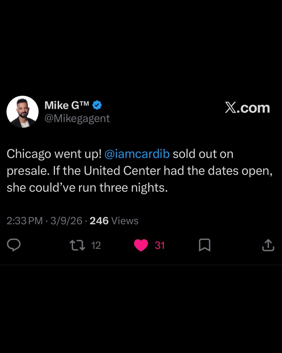 Cardi B’s agent reveals that if Chicago’s United Center arena had more available dates, she would have SOLD OUT three consecutive nights! 👀