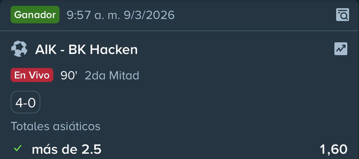 🚨💰 PRIMER VERDE DE LA SEMANA 
🦁 AIK 🆚 🐝 BK HÄCKEN  
🎯 PICK: MÁS DE 2.5 GOLES  
✅ COBRADO  

El partido respondió y el over cayó 🔥⚽  

Así arrancamos la semana:  
📈 VERDE y seguimos sumando 💰  

📲 ÚNETE AL GRUPO  
chat.whatsapp.com/CVq0I8wt0pPGB7…