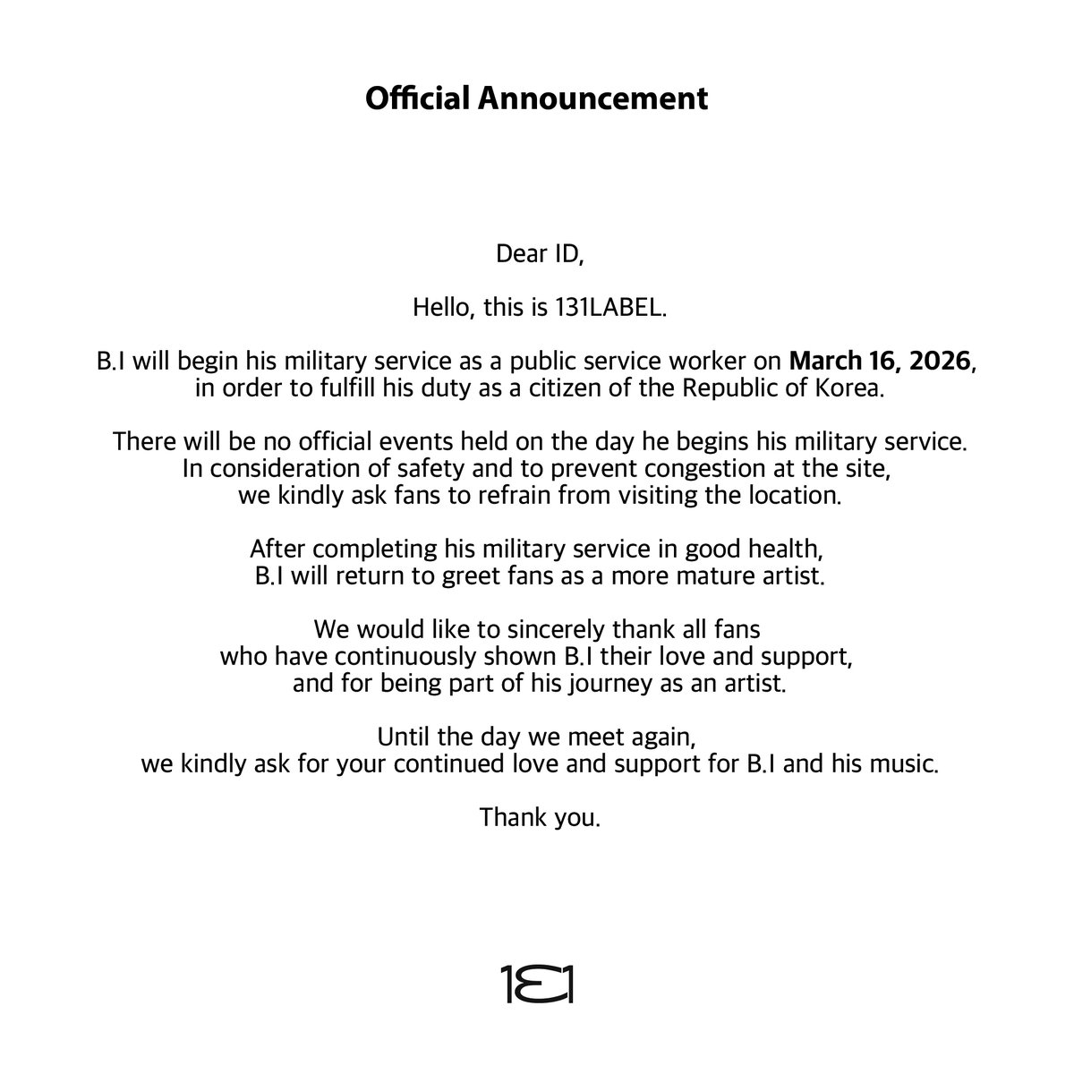 [📢]
B.I (김한빈) 군입대 관련 공지문

#BI #비아이 #131LABEL