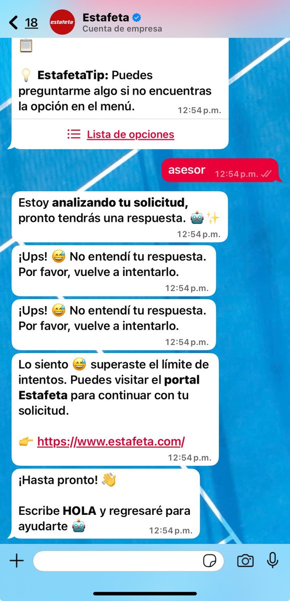 clientemx's tweet photo. @estafeta @DHLMex De verdad, me sorprenden. Para no atenderme me transfieren con un bot. Y eso que ya les envié toda la información que me solicitaron para una recolección de un paquete, pero por lo que veo se volvieron a retirar de la conversación y se fueron a platicar ¿ porque no atienden bien? https://t.co/RnB6WXiLrA