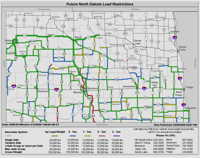 NDPermits's tweet photo. New weight restriction map will go into effect Thursday morning at 7am CST.  #NDPermits https://t.co/buvG6lHLyo